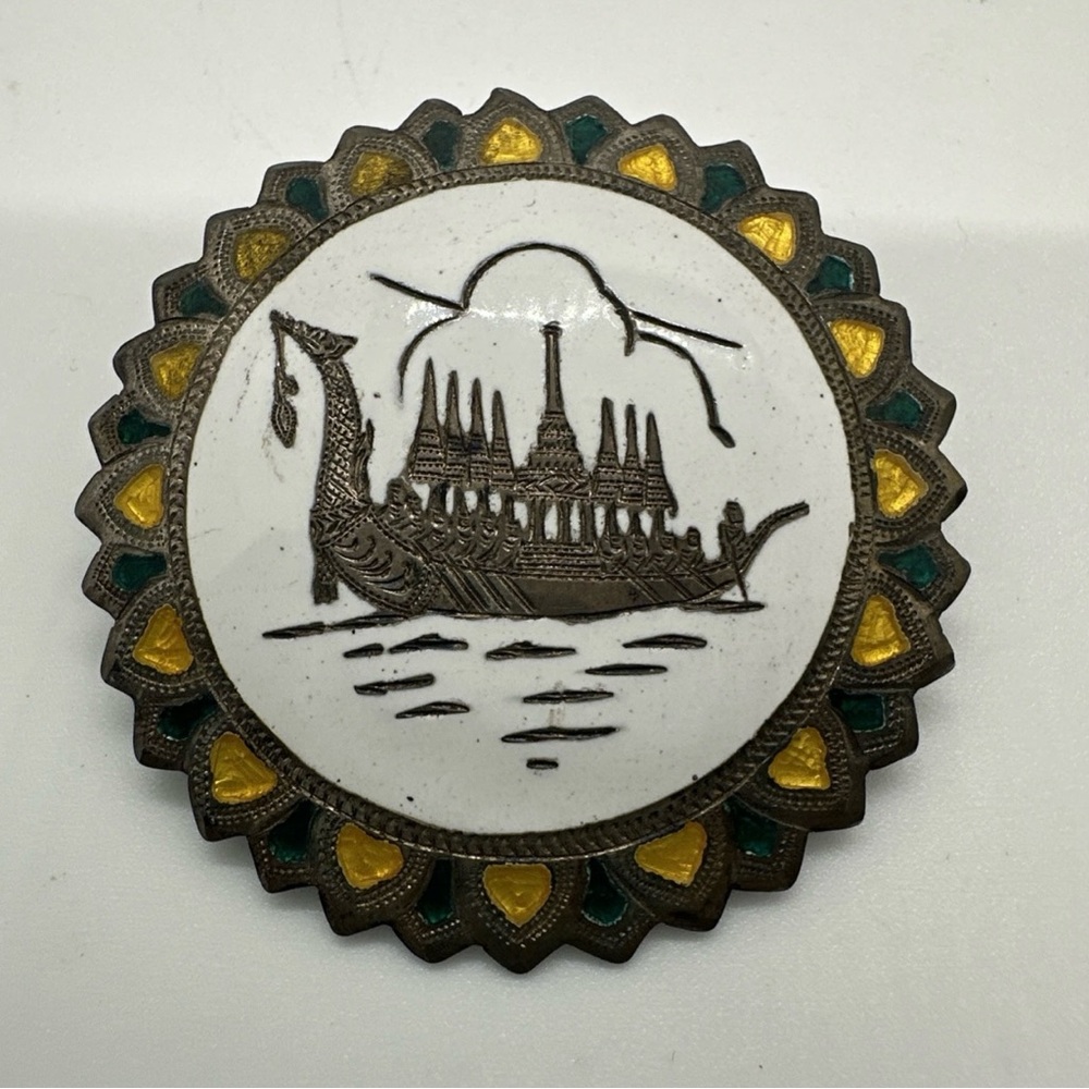 Vintage Dragon Boat Brooch Siam Sterling Silver Enameled White with Green & Gold